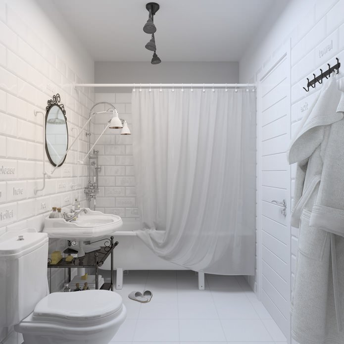 phòng tắm màu trắng với gạch lát gạch