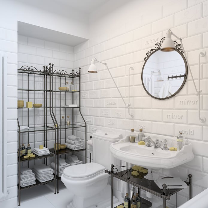 vonios kambarys baltos spalvos su plytų plytelėmis