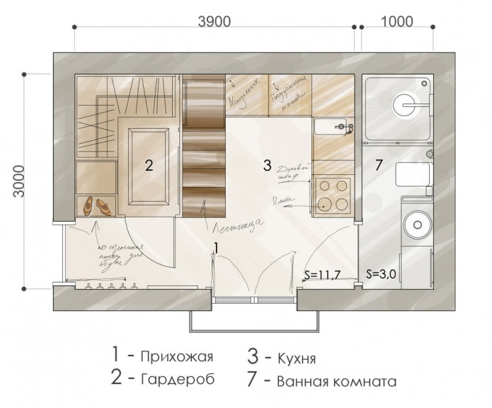 Asunnon pohjaratkaisu on 15 neliömetriä. m.