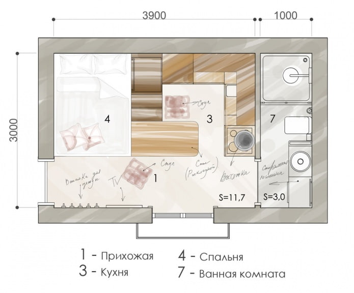 De indeling van het appartement is 15 m². m.