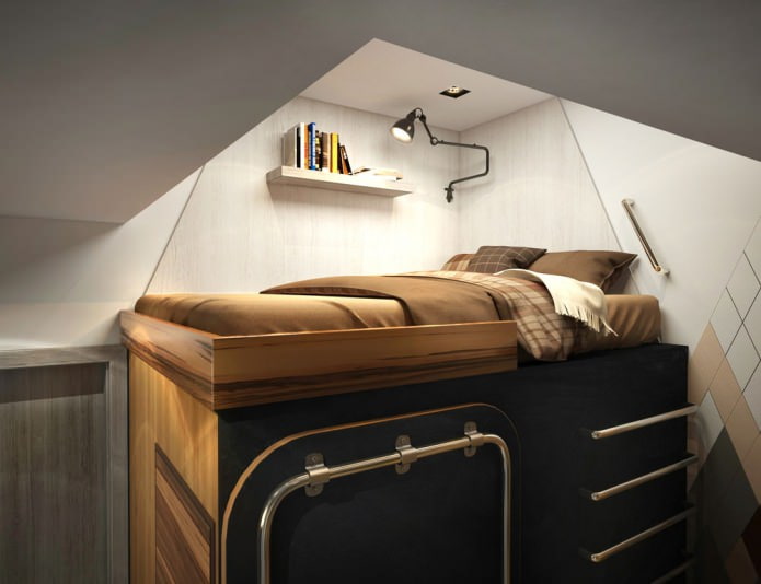 miejsce do spania w projekcie małego mieszkania o powierzchni 15 m2. m.