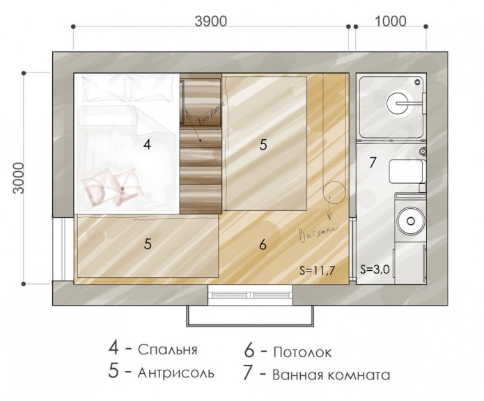 Cách bố trí của căn hộ là 15 sq. m.