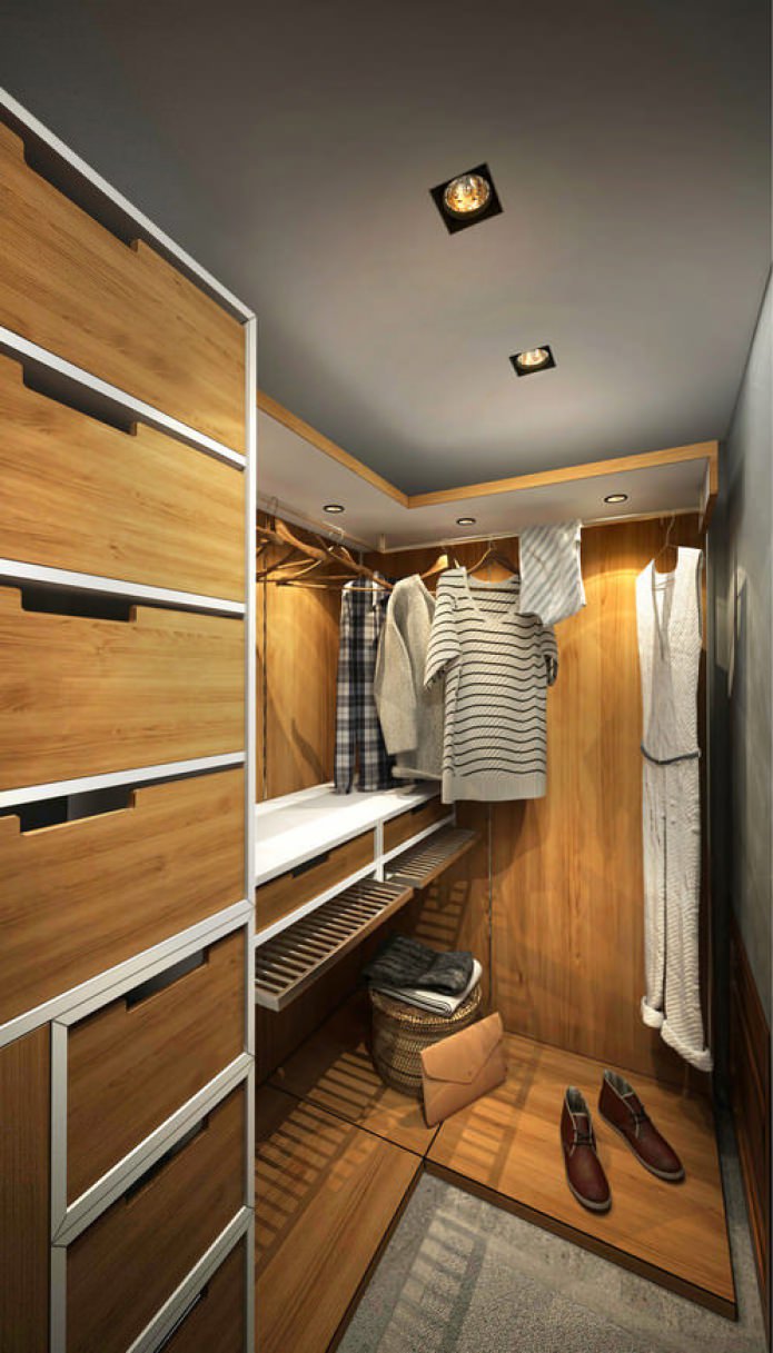 غرفة ملابس في تصميم شقة صغيرة مساحتها 15 مترًا مربعًا. م.