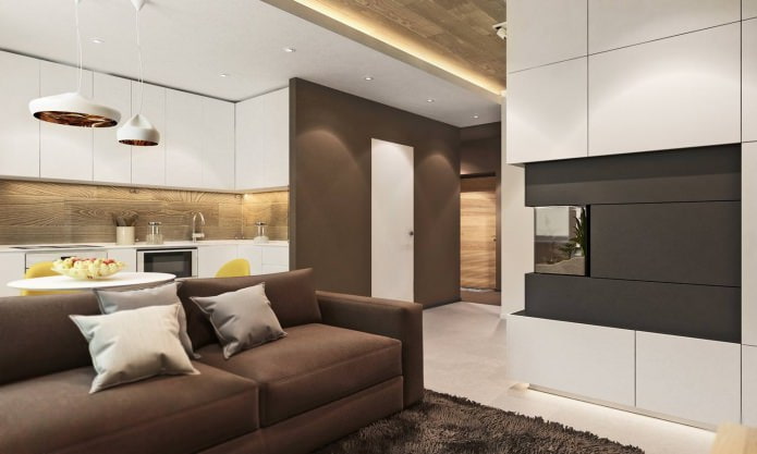 cucina-soggiorno nel progetto di design di un appartamento di 3 locali