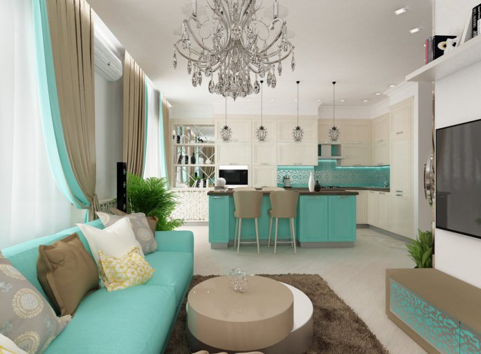 „Tiffany“ spalva studijos tipo apartamentų interjere