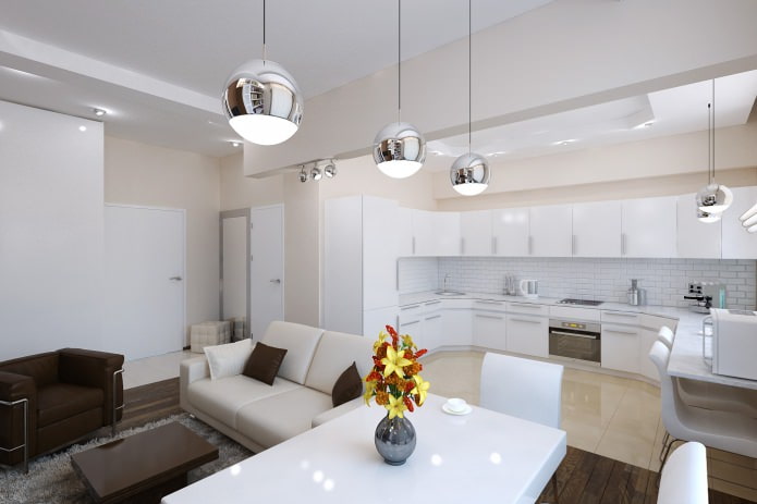 bucătărie-living în proiectul de design al unui apartament cu 2 camere
