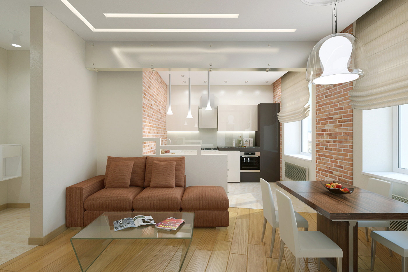 kuchyň-obývací pokoj ve dvoupokojovém bytě
