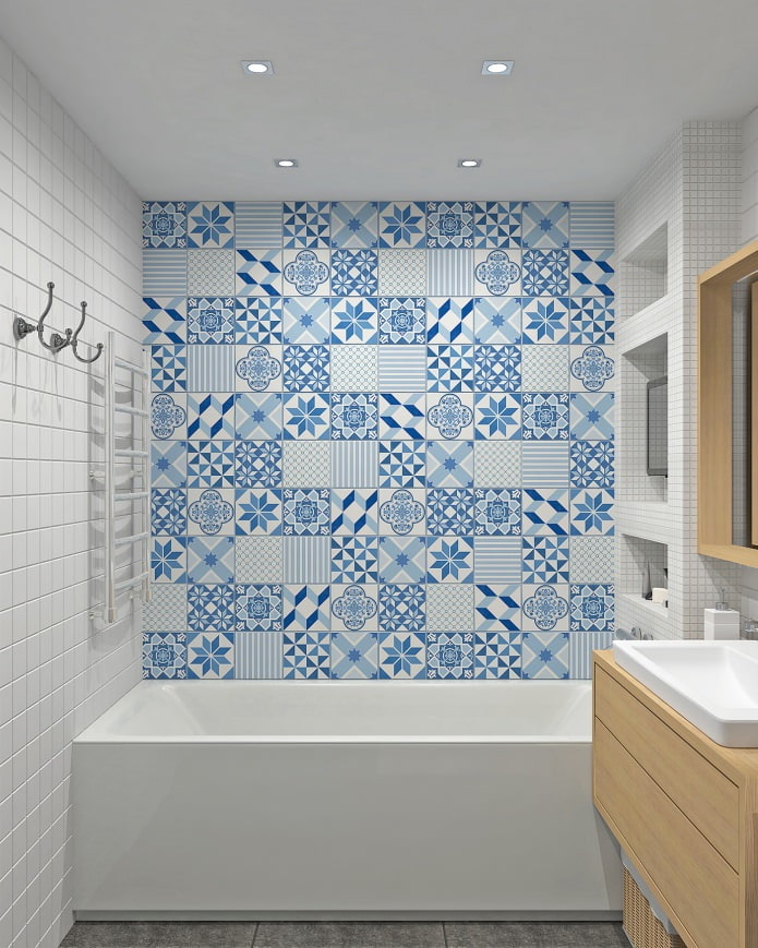 niebieskie, patchworkowe płytki w łazience