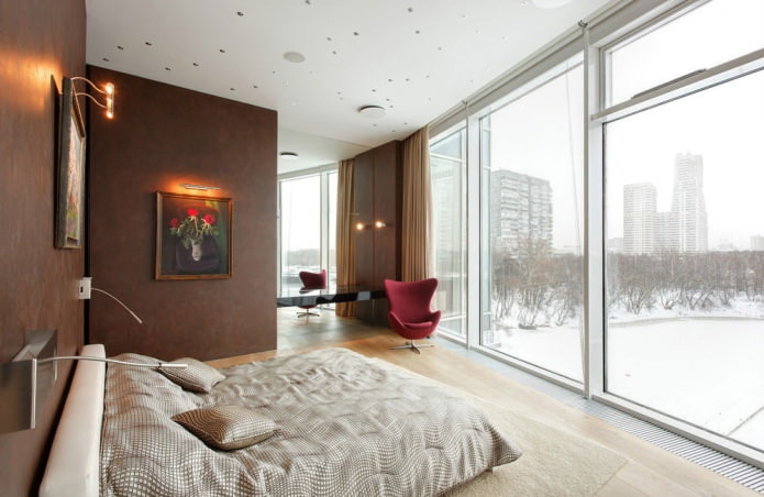 soveværelse interiør med panoramavinduer