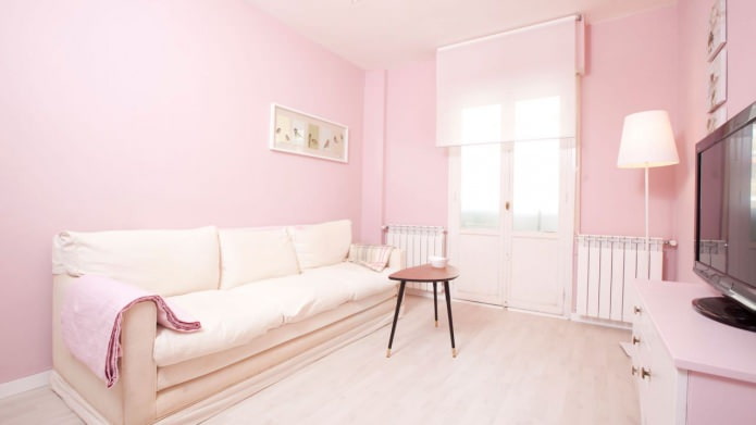 thiết kế phòng khách màu hồng nhạt