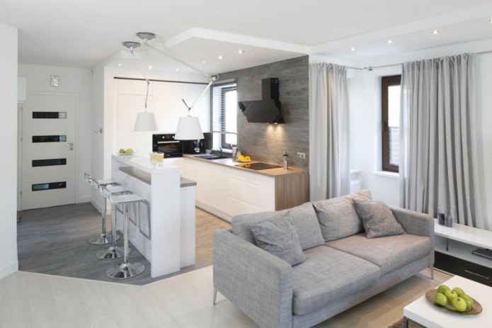 Mūsdienīgas virtuves-dzīvojamās istabas ar bāru dizains