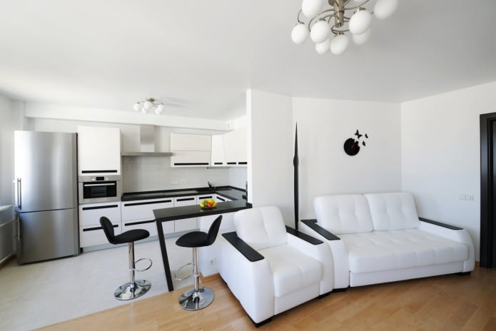 comptoir de bar dans la conception d'une cuisine-salon en noir et blanc