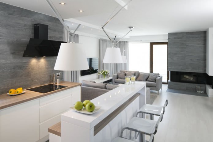 Mūsdienīgas virtuves-dzīvojamās istabas ar bāru dizains