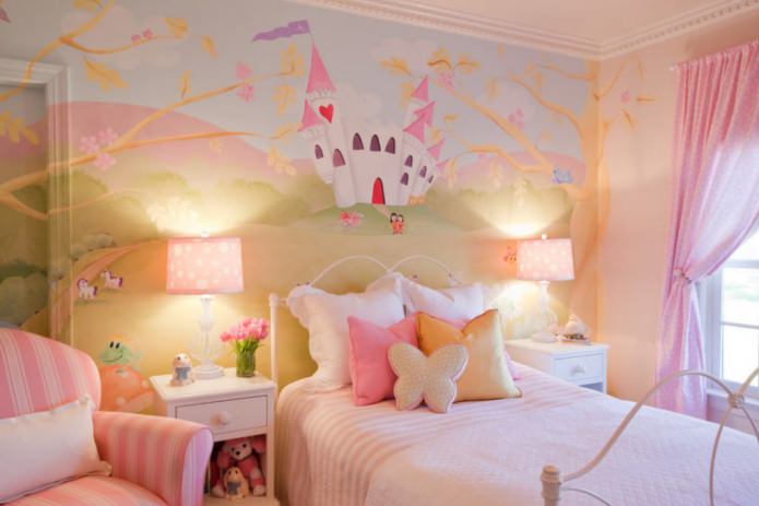 photos murales avec un château de conte de fées dans la chambre des enfants pour une fille