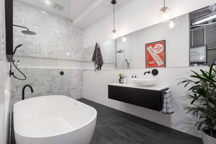 פנים חדר אמבטיה עם כיור תלוי בקיר בסגנון מודרני