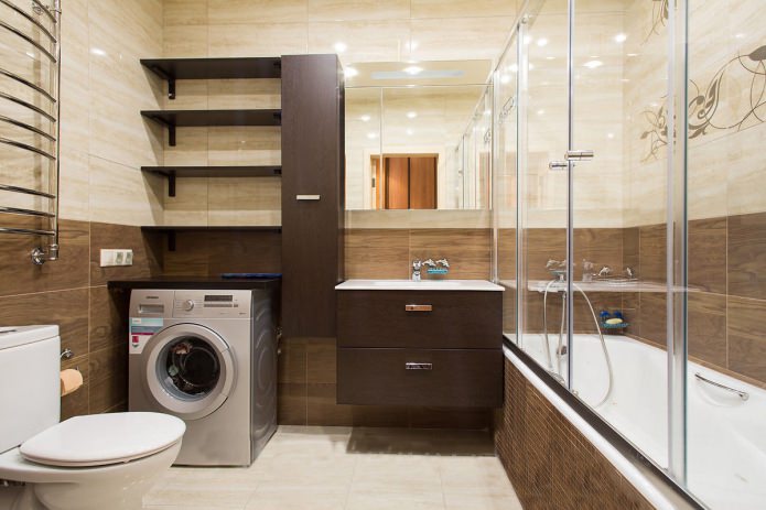 kylpyhuoneen sisustus modernilla tyylillä beigen ja ruskean sävyin