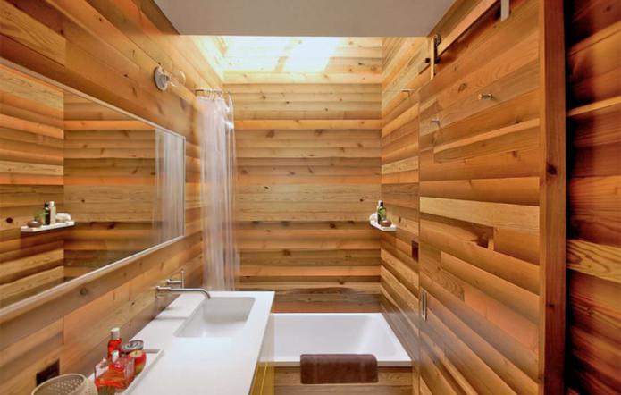 łazienka w nowoczesnym stylu z wykończeniem słojów drewna