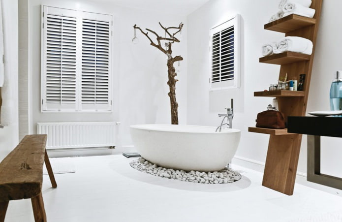 Ekologiško stiliaus vonios kambario interjeras