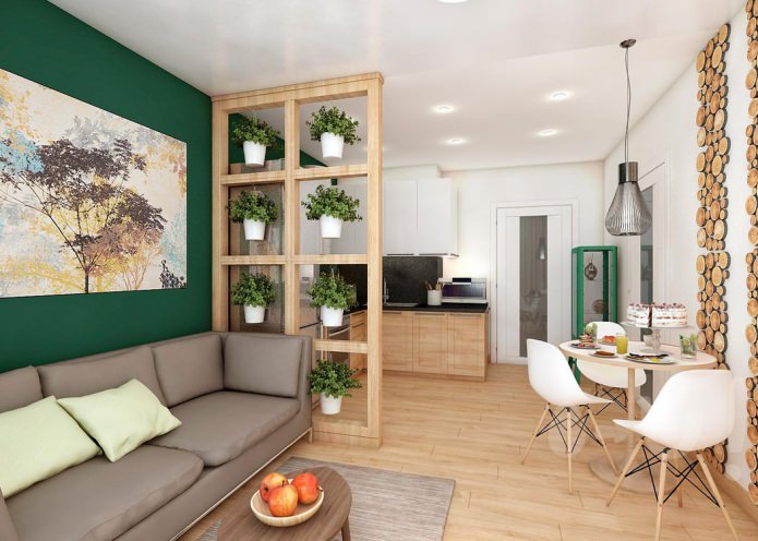 interiér kuchyně a obývacího pokoje v ekologickém stylu