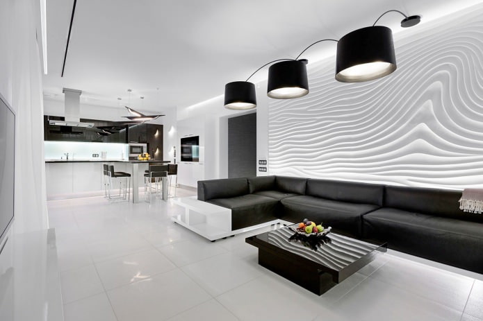 diseño de interiores en blanco y negro de la cocina-sala de estar
