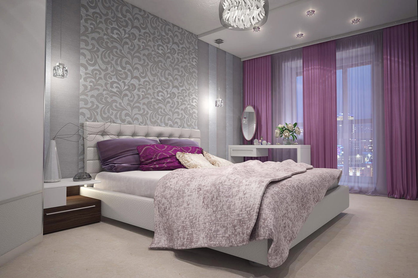 fioletowe zasłony w sypialni z szarą tapetą