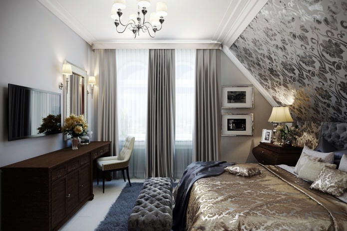 tende grigie e bianche nel design della camera da letto con carta da parati grigia
