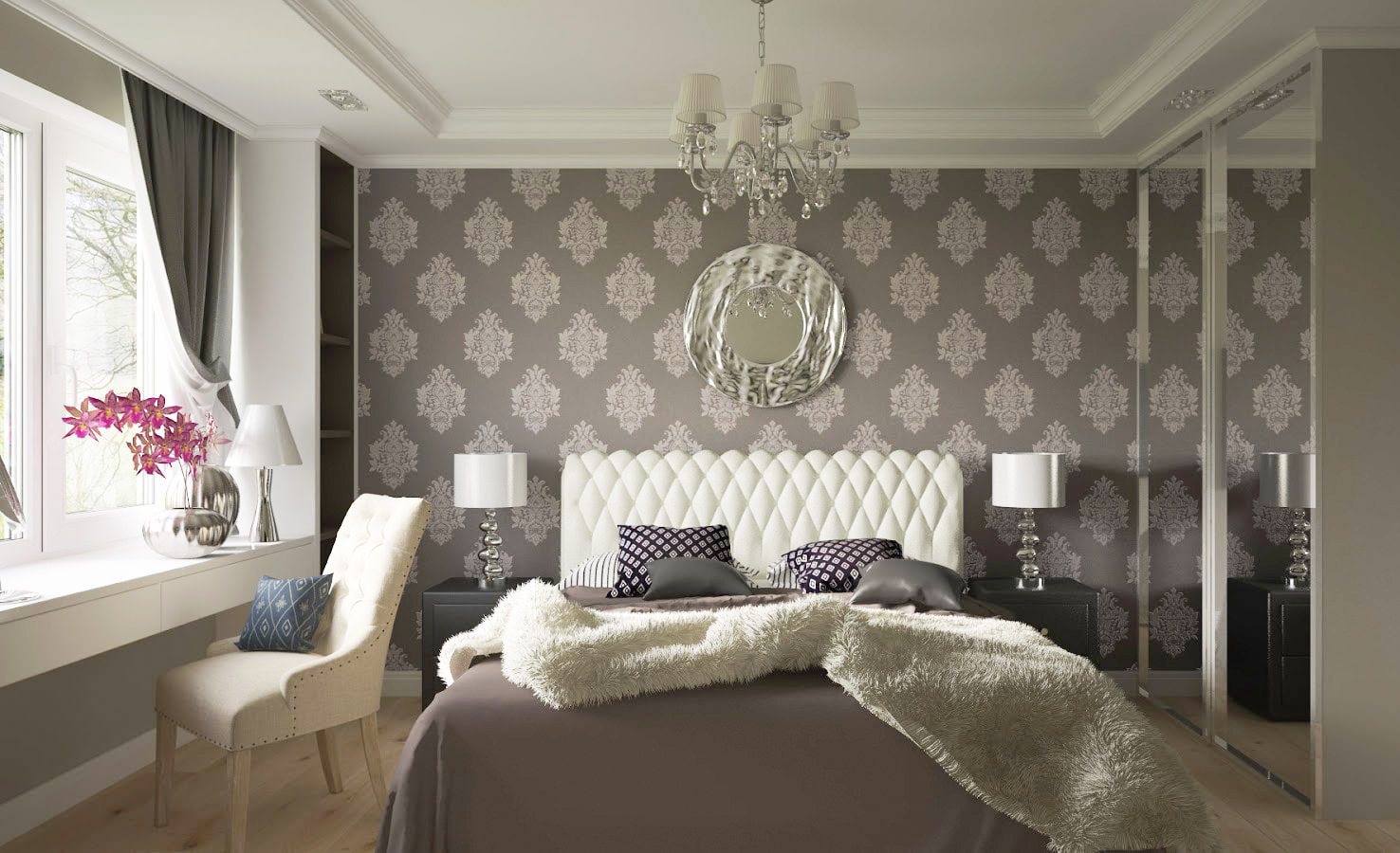 nội thất phòng ngủ với giấy dán tường màu xám