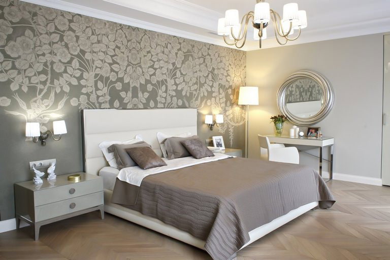 gri duvar kağıdı ile yatak odası iç