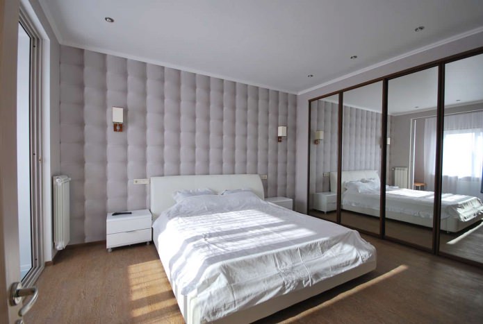 קירות אפורים עם טפט תלת-ממדי בחדר השינה