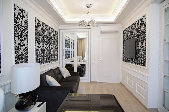Papel de parede preto e branco no interior da sala