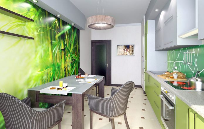 Kertas dinding hijau di dapur dengan gaya moden