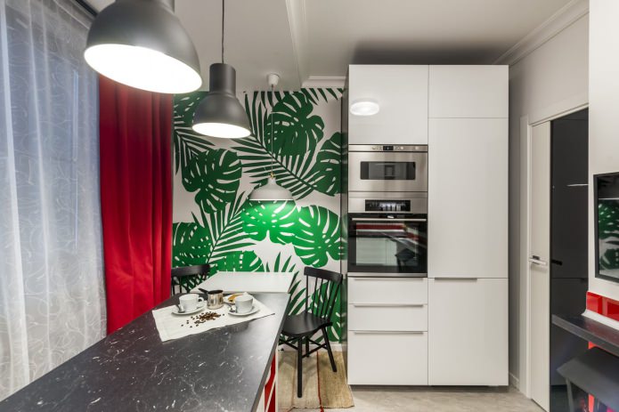 Rèm nhà bếp với giấy dán tường màu xanh lá cây