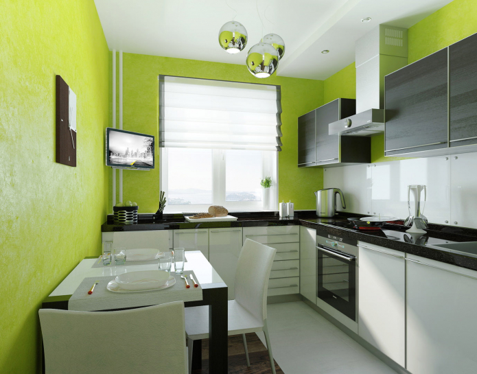gaiši zaļš virtuves interjers mūsdienīgā stilā