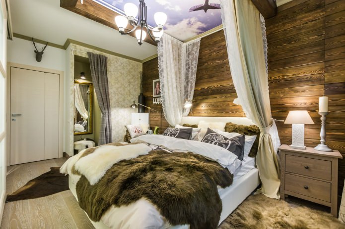 Спалня с дървена стена