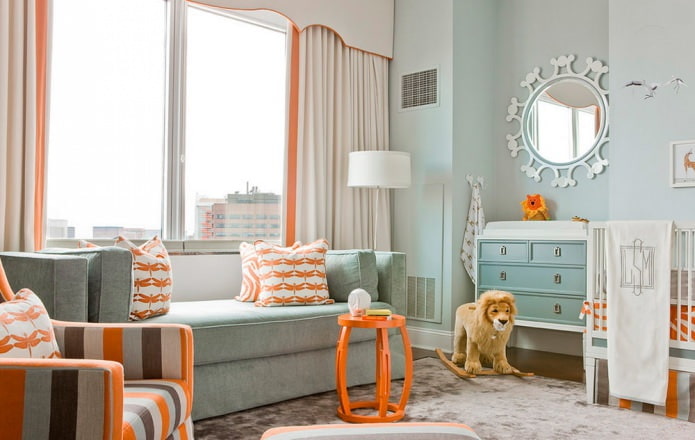 Lastentarhan oranssi ja sininen sisustus modernilla tyylillä