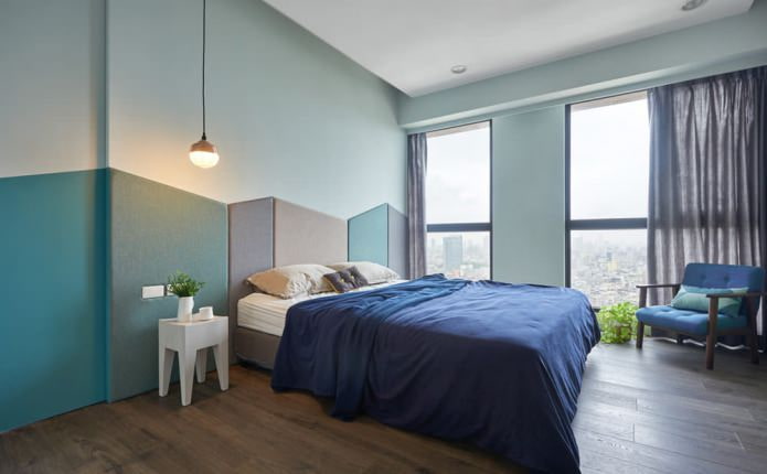 moderni makuuhuone sinisillä sävyillä