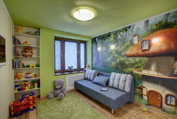 зелен едноетажен опънат таван в детската стая