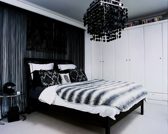 Bedroom with black filament curtains