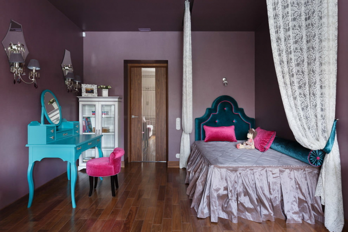 barevné schéma interiéru ložnice pro dívku