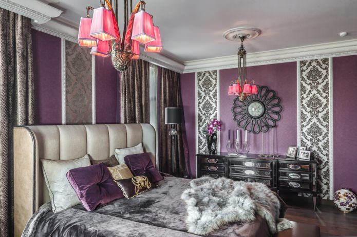 fioletowe wnętrze sypialni