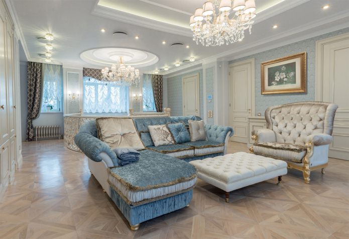 modrá obývacia izba