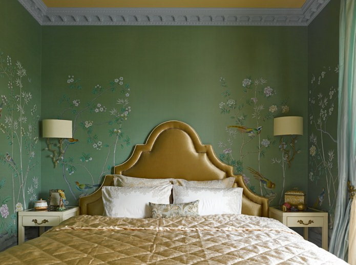 giấy dán tường màu xanh lá cây trong phòng ngủ