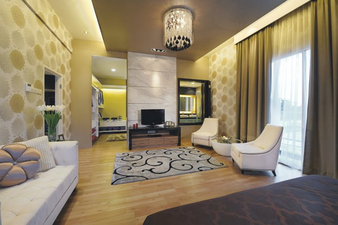 moderný interiér obývacej izby v zelených farbách s klasickými obyčajnými závesmi