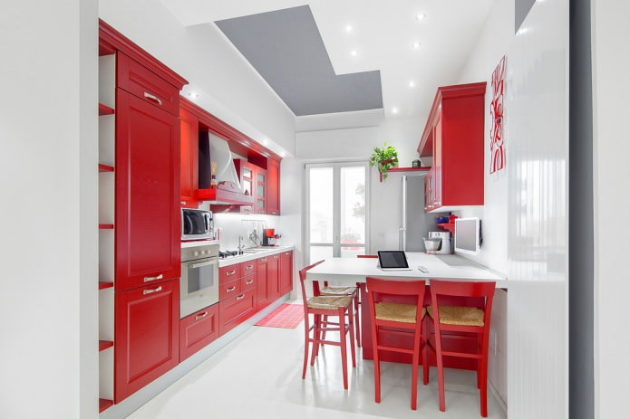 bộ màu đỏ với tường trắng, sàn và trần trang trí