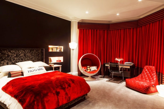  sypialnia w kolorze czarno-biało-czerwonym