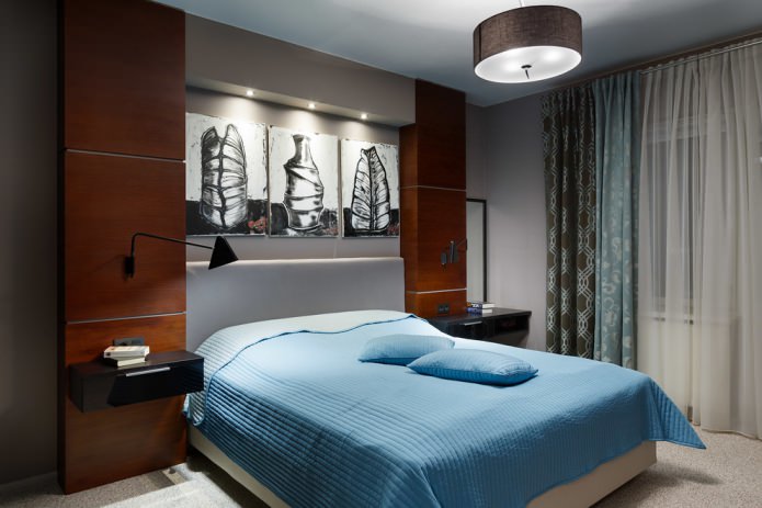 turkoois bruin slaapkamerinterieur met dubbele gordijnen en tule
