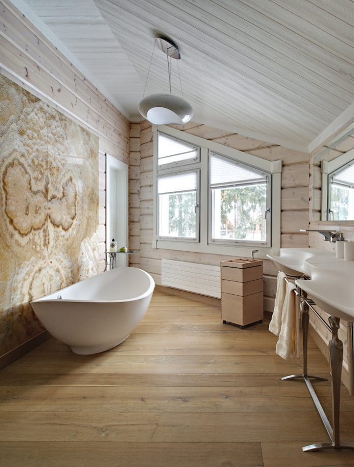 phòng tắm trên gác mái với tông màu nâu-be