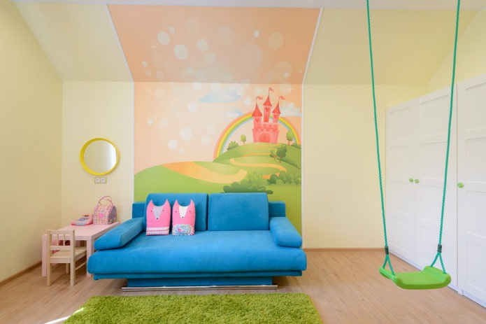 interior de l'habitació infantil de la noia amb fons de pantalla fotogràfic