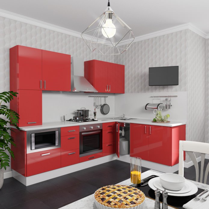 bucătărie mică în tonuri roșii