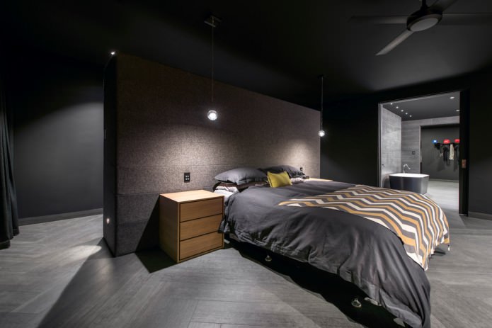 camera da letto con pavimento e pareti scure